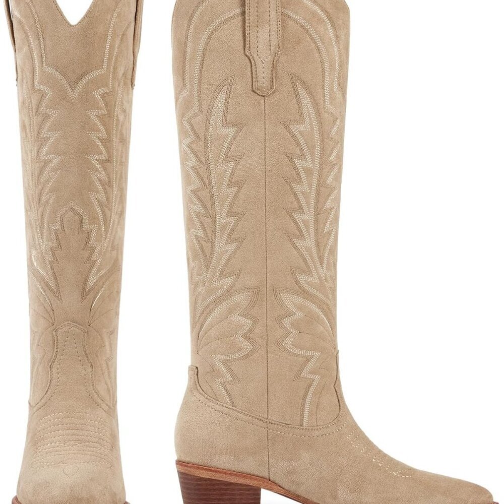 Women Cowboy Boots Suede Western Tall Boot Classic Embroidered Pointed Toe